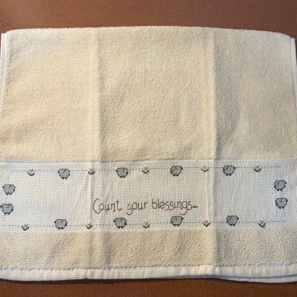 Handmade Cross Stitch Hand Towel "Count Your Blessings". With Little Sheep